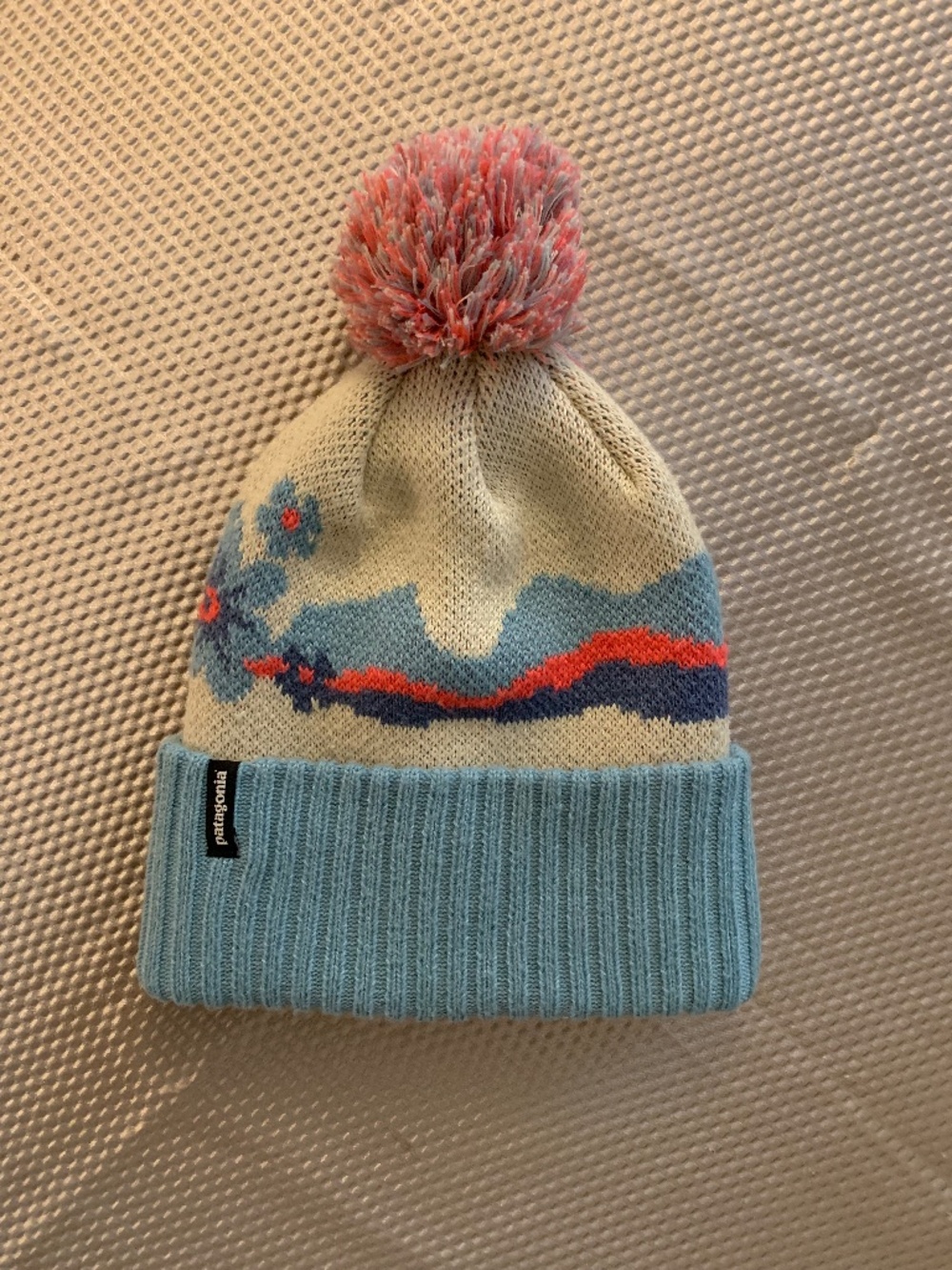 Patagonia Kids Powder Town Pom Beanie Blue Pink Ivory